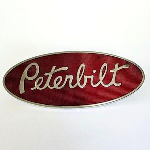 Vintage Peterbilt Truck Hood Emblem Ornament Red Silver Oval Script Logo Chrome